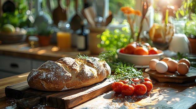 Składniki na stole: zioła, warzywa i chleb